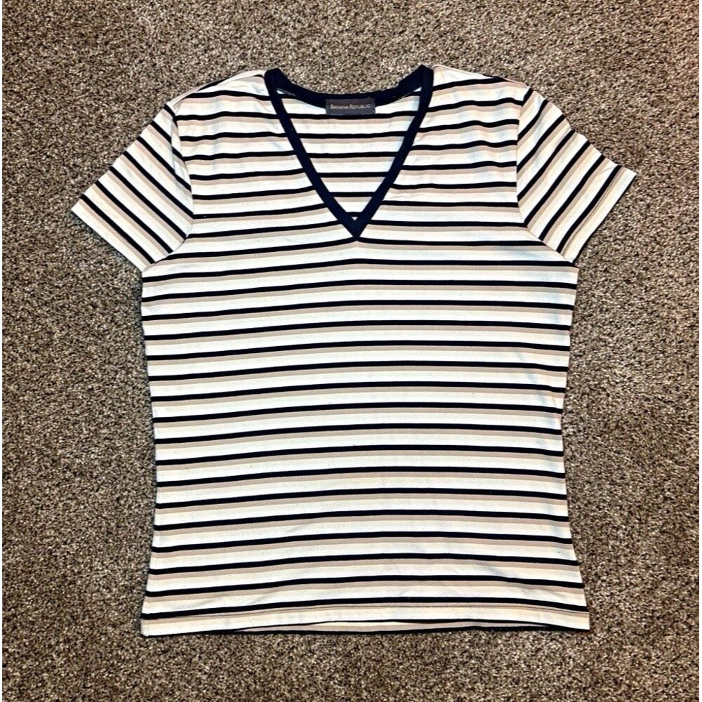 Banana Republic Women's Striped V-Neck Short Sleeve Knit Pullover T-Shirt M
